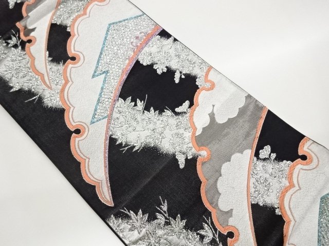 JAPANESE KIMONO / FUKURO OBI / PLATINUM FOIL / WOVEN SNOW GRASS & CLASSICAL PATTERN 